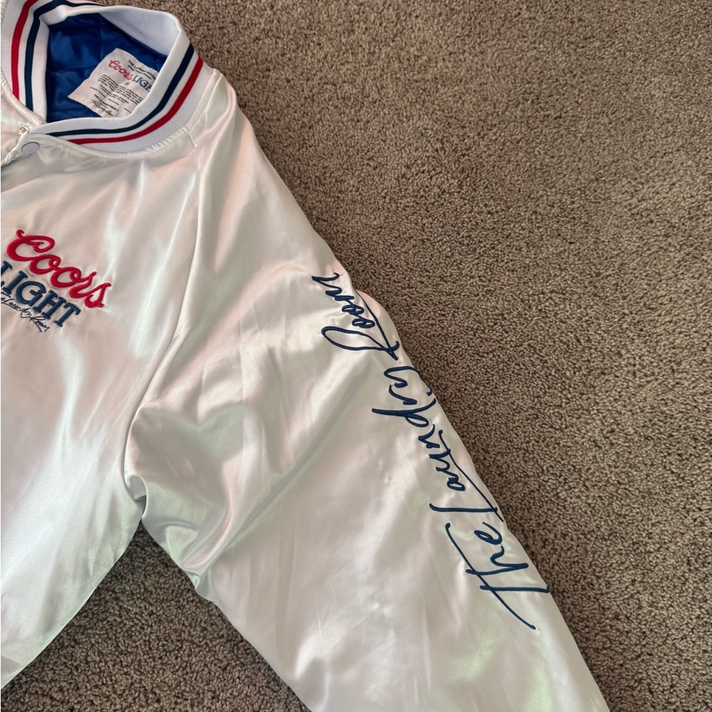 The Laundry Room White Bomber Jacket with Red & Navy Coors Light Script - Picture 6 of 7
